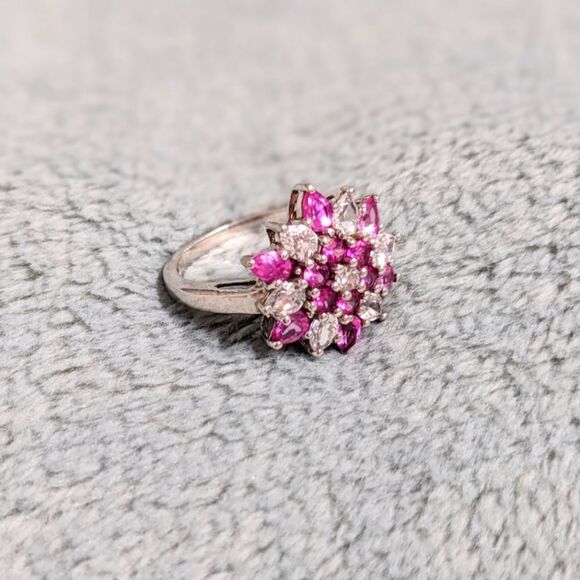Vintage Pink & White Cubic Zirconia Ring  Rhodium Plated - Picture 13 of 13